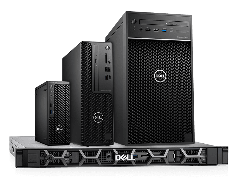 Dell tower systems and a rack server, showing both form factors