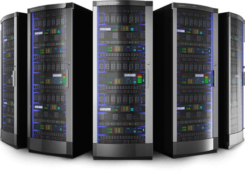 Server racks filled with networking and compute equipment